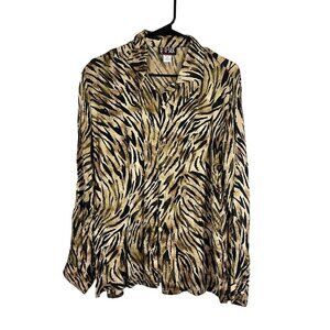 Retro Silk Animal Print Top M Tan Neutral Safari Preppy Boho Classic Chic 80s